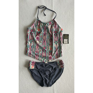 Art Class Girls' Two Piece Gray Teal Gold Stripe Tankini Top & Bottom XL 10/16